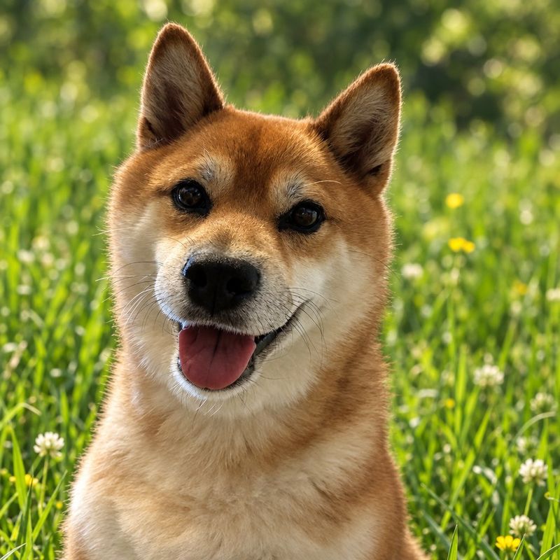 A smiling Shiba Inu sitting in a meadow